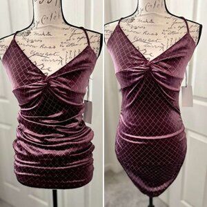Women's Violet Velveteen Jacquard Designed Mini Dress or Top with a Strappy Back